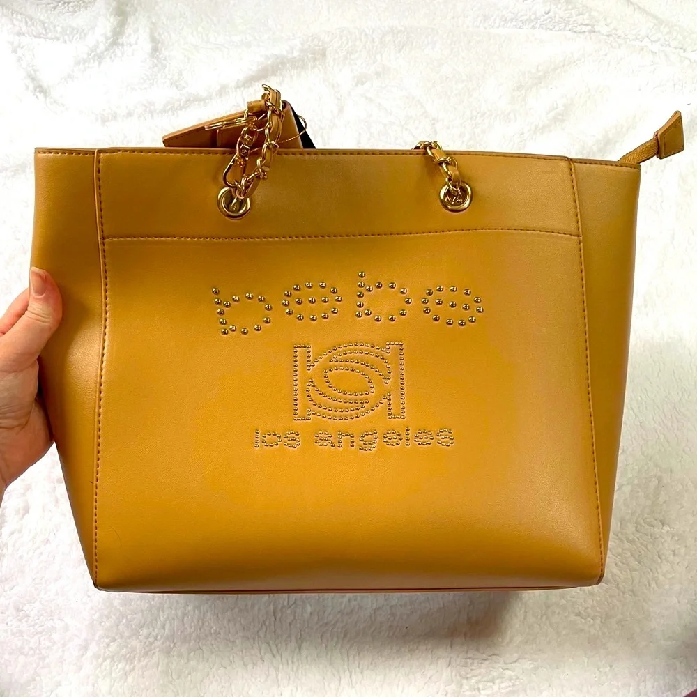 Bebe tan tote with beaded branding and card case